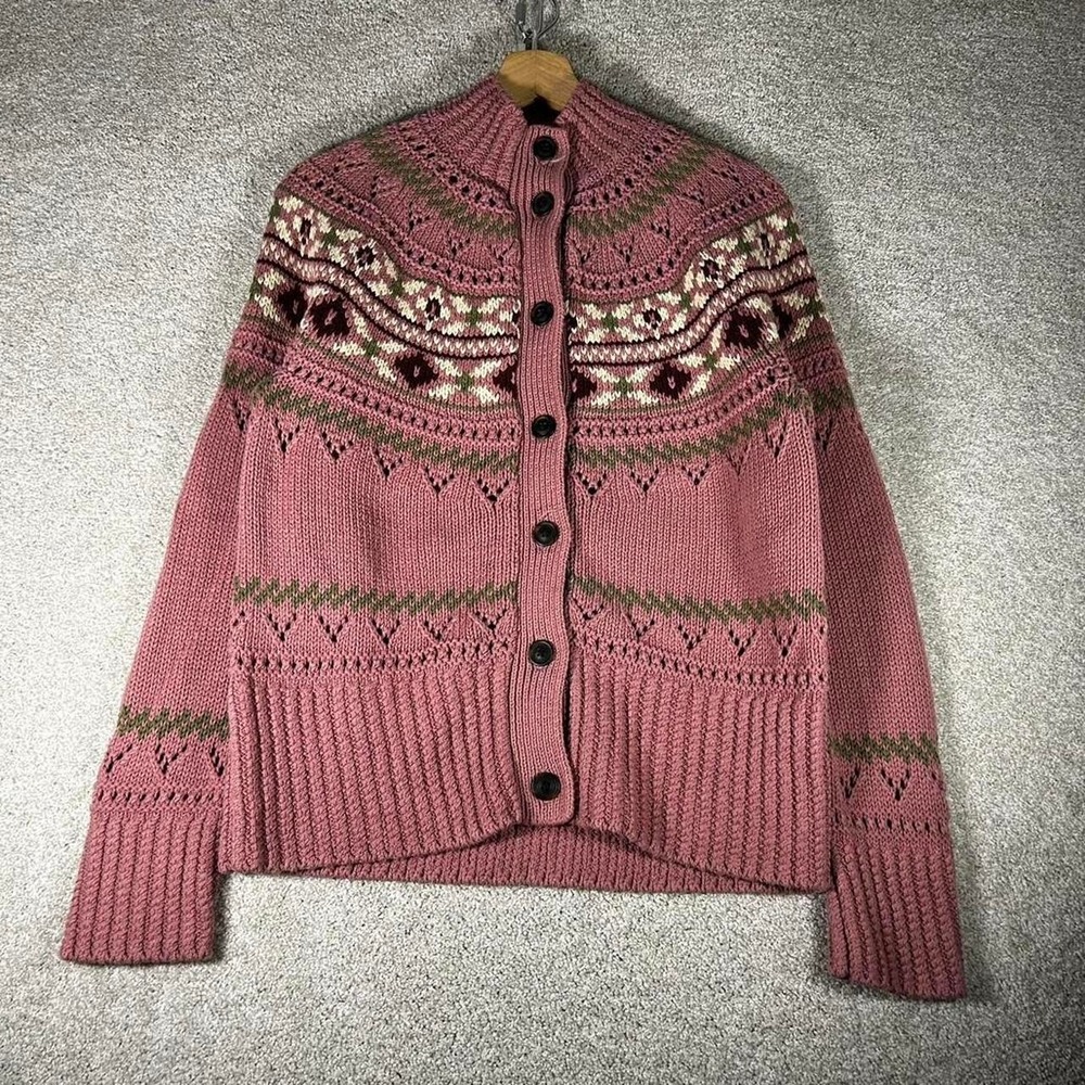 Women's vintage LL BEAN signature pink pattern knit cottage cardigan sweater S